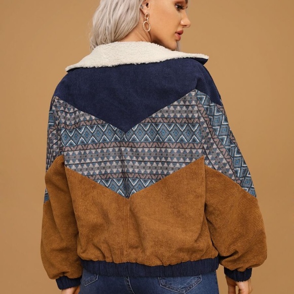 corduroy shearling line tribal print button jacket - Picture 4 of 5